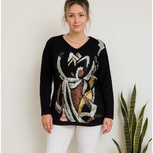 VTG Knit Sweater Women's Sz Med 100% Wool Y2K 90s Sparkle Glam Embroidery Beaded